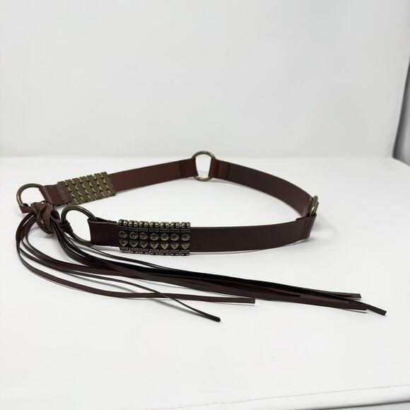 Brown Leather Brass Ring Tie Belt Sliding Brass Bars Fringe Belt Women\'s L Boho main image 8